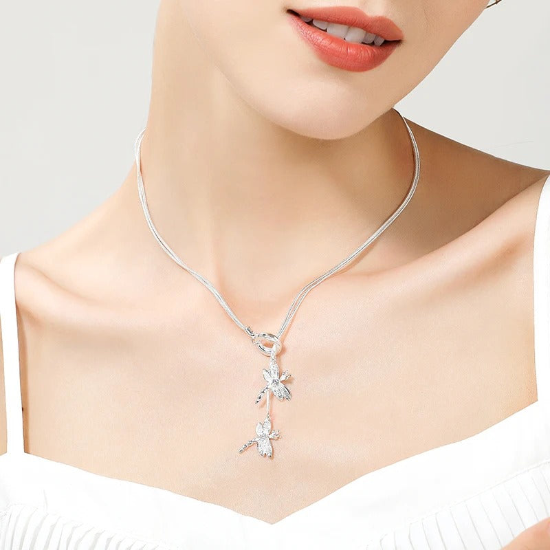 925 Sterling Silver Two Dragonfly Pendant Necklace For Women Snake Chain Necklace Wedding Engagement Jewelry
