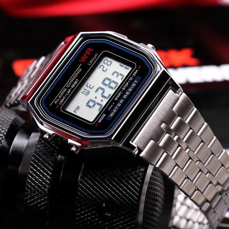 Luxury Gold & Silver Retro LED Digital Watch – Unisex Sports Military Wristwatch with Steel Band
