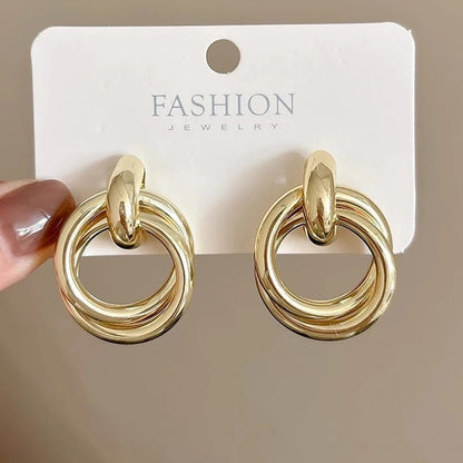 Double Layer Round Circle Dangle Earrings for Women Vintage Simple European Golden Metal Drop Earrings Jewelry Gift