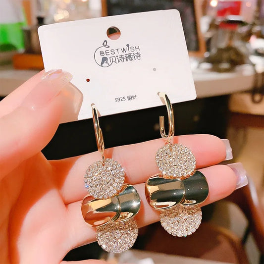 Stainless Steel Round Dangle Earrings for Women New Fashion Luxury Crystal Zircon Pendant Jewelry Gifts