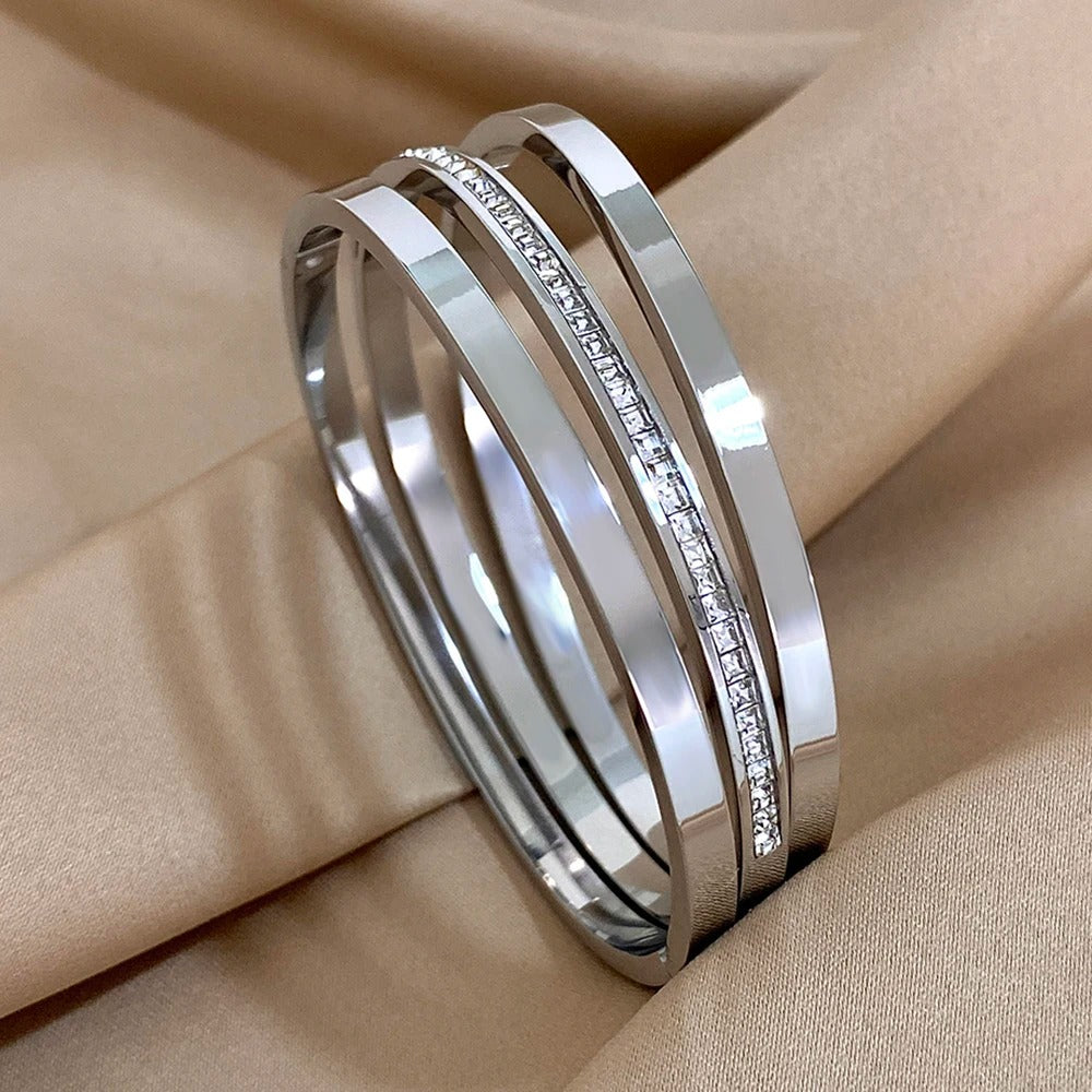 3pcs Simple Gold Plated Texture Inlaid Crystal Cuff Bracelets for Women Unique Stainless Steel Chic Stackable Jewelry Bracelets