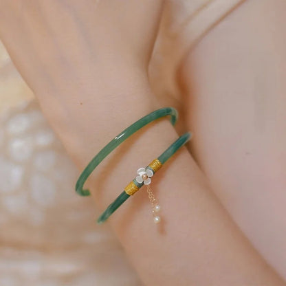 2-Pc Natural Jade Bangles Set for Women Antique Charm Bracelet Jewelry