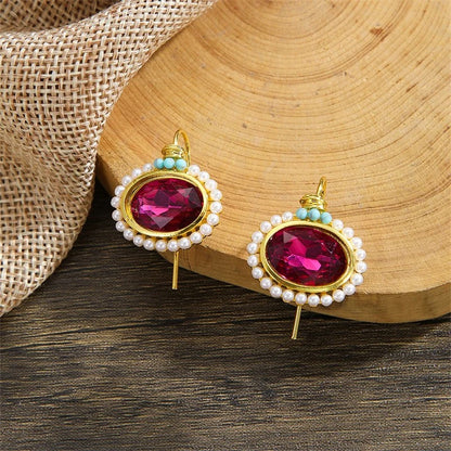 Oval Red Stone Earrings for Women Gold Metal Pearl Dangle Jewelry