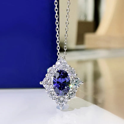 Gorgeous Oval Blue Cubic Zirconia Pendant Necklace Women for Wedding Luxury Brilliant Female Necklace Statement Jewelry