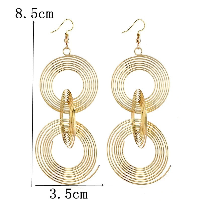 Gold 3 Circle Geometric Long Dangle Earrings Women Boho Jewelry