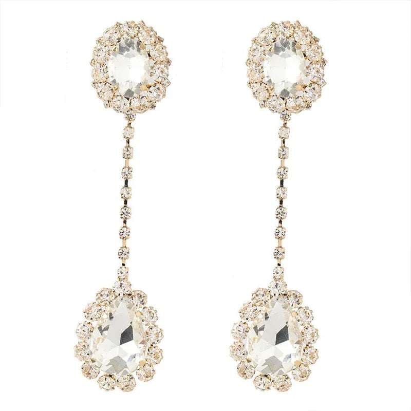Rhinestone Long Oval Earrings Water Drop Pendant Jewelry for Women