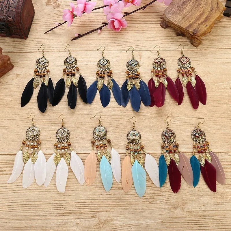 Antique Alloy Feather Tassel Earrings Wood Bead Leaf Jewelry for Women