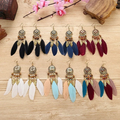 Antique Alloy Feather Tassel Earrings Wood Bead Leaf Jewelry for Women