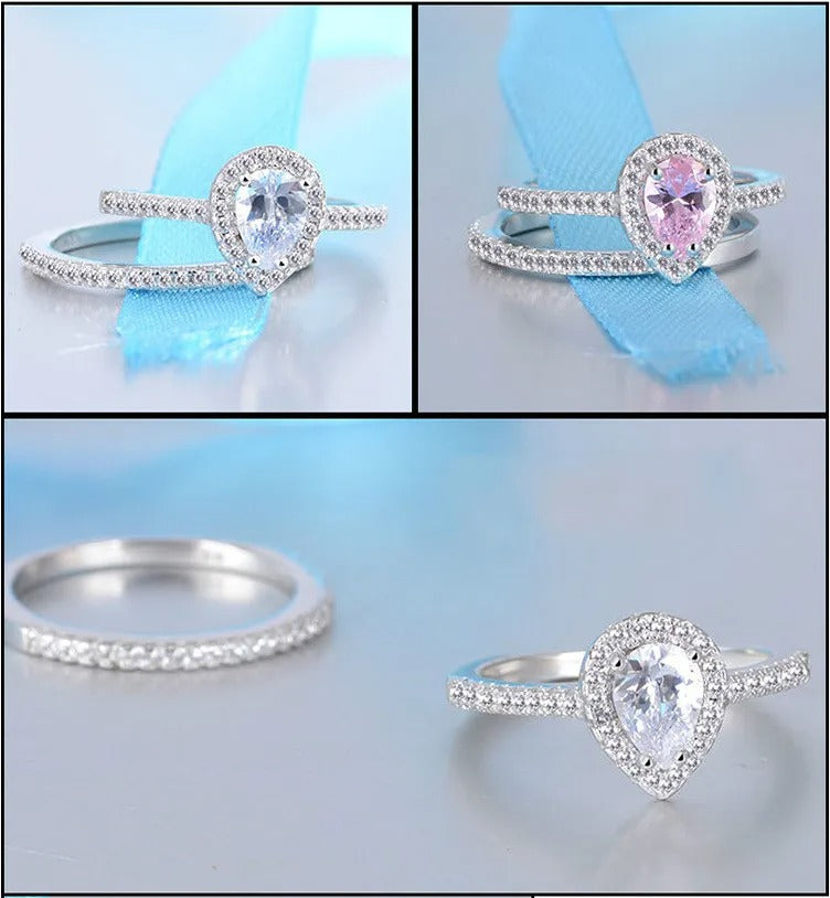 Women’s 925 Silver Ring Set Teardrop CZ Wedding Engagement Ring