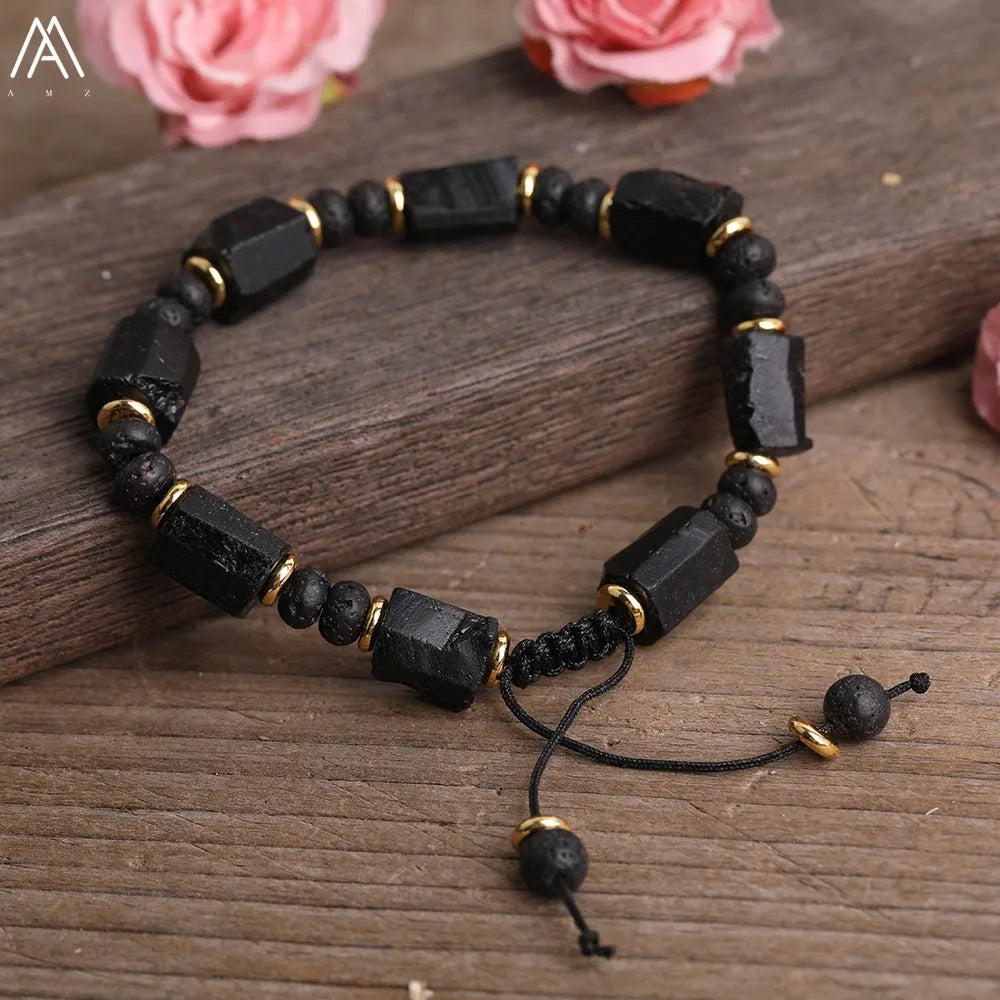 Natural Black Tourmaline Stone Nugget Beads Black Beads Cord Knotted Adjustable Bracelet Women Boho Rope Bracelet