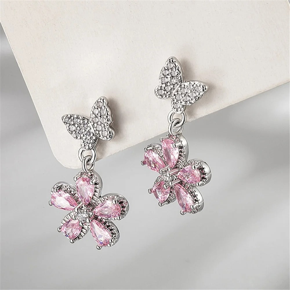 Lovely Silver Flower Earrings with Pink Zircon for Women