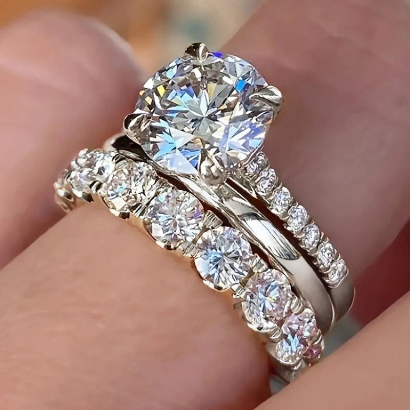 Gorgeous 3Pcs Set of Rings Female Luxury Shiny Round Zirconia Finger Jewelry Fashion Gold Color Accessories for Wedding