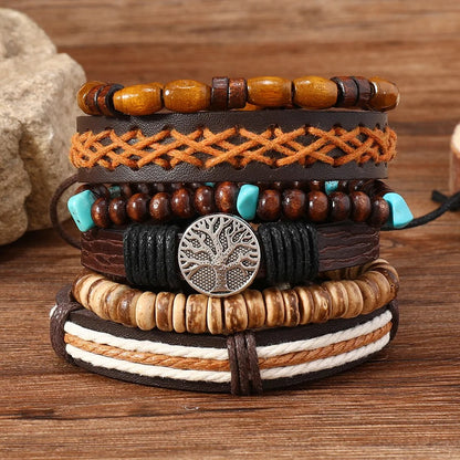 Handmade Wood Bead Wrap Bracelets Men Women Leather Jewelry
