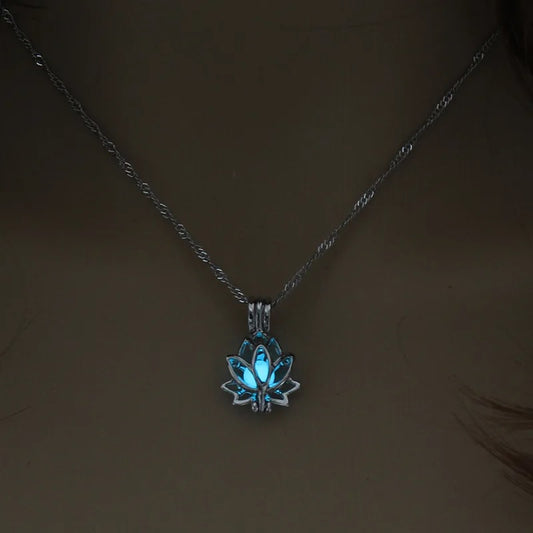 Luminous Glowing In The Dark Moon Lotus Flower Shaped Pendant Necklace for Women  Hip Hop Punk Jewelry
