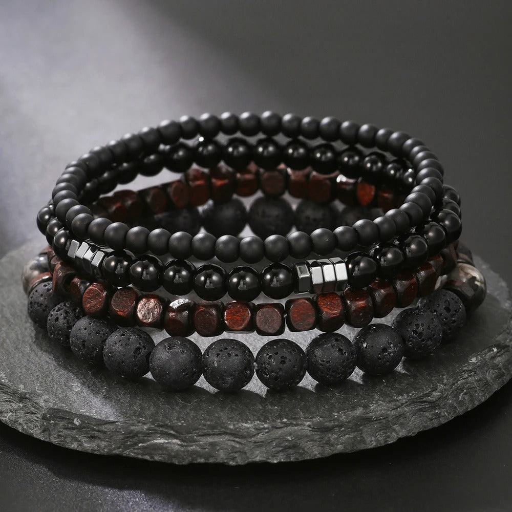 4pcs Black Lava Stone & Wood Beads Bracelet Set for Men & Couples