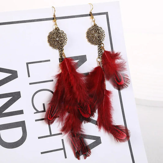 Long Feather Dangle Earrings Gold Vintage Women Handmade