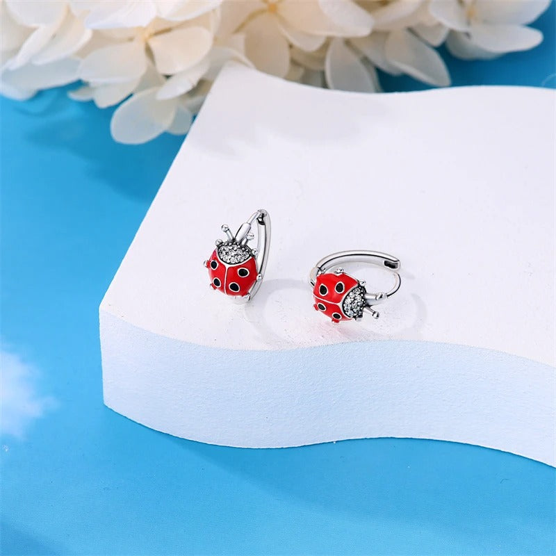 100% 925 Sterling Silver Colorful Red Ladybug Double Hoop Earrings For Women Fashion Birthday Party Jewelry Gifts