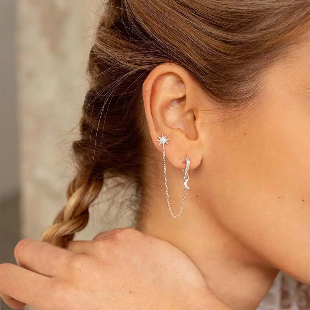 925 Sterling Silver Star and Moon Chain Earrings for Women