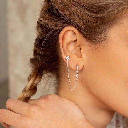 925 Sterling Silver Star and Moon Chain Earrings for Women