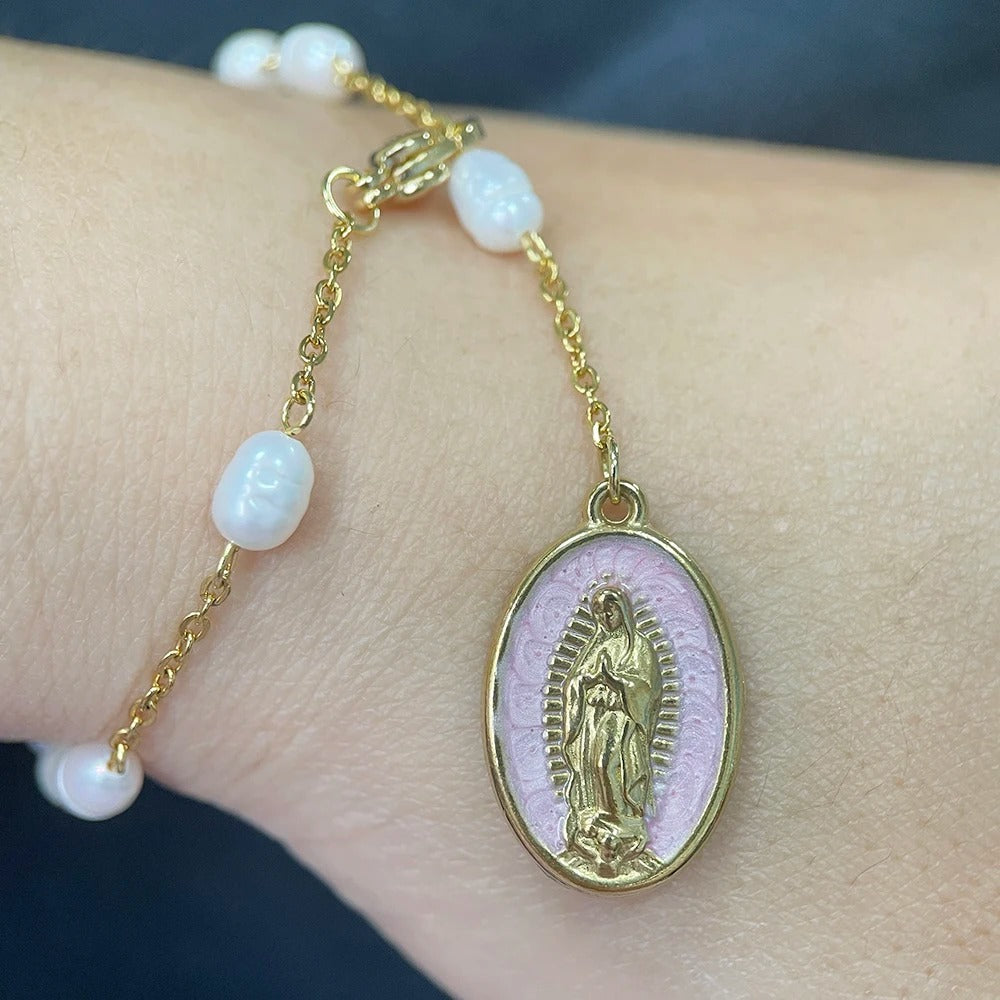 Natrual Pearls Beads Rosary Bracelet with Gold Color Stainless Steel Chain Virgin Mary Charm Spiritual Jewelry for Women gift
