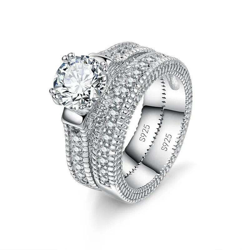 Elegant Wedding Engagement Couple Rings  Silver Color Anniversary Accessory With Full Shiny Zircon Stone