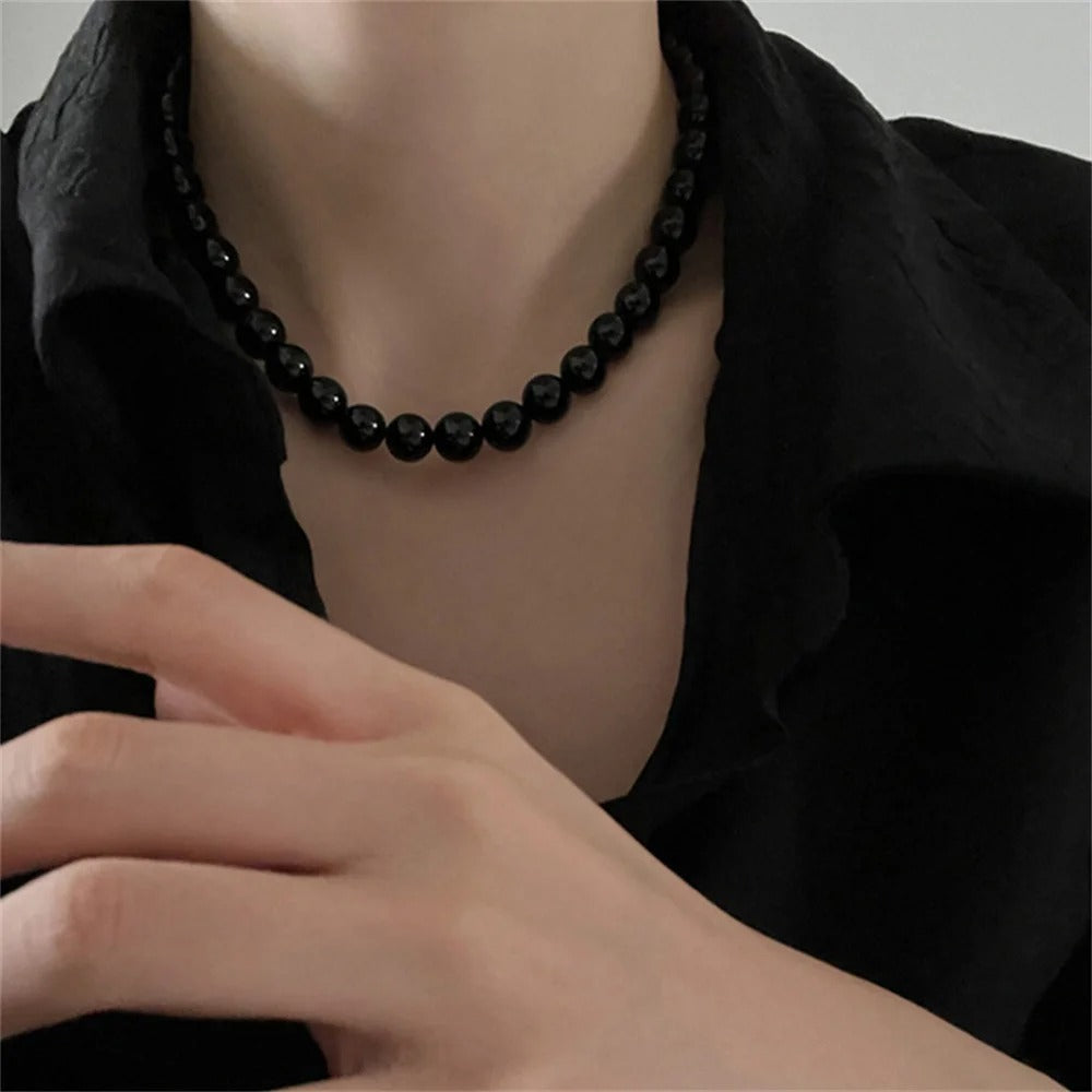 French Vintage Black Pearl Necklace For Women Simple Acrylic Beads Choker Fashion Jewelry Accessories