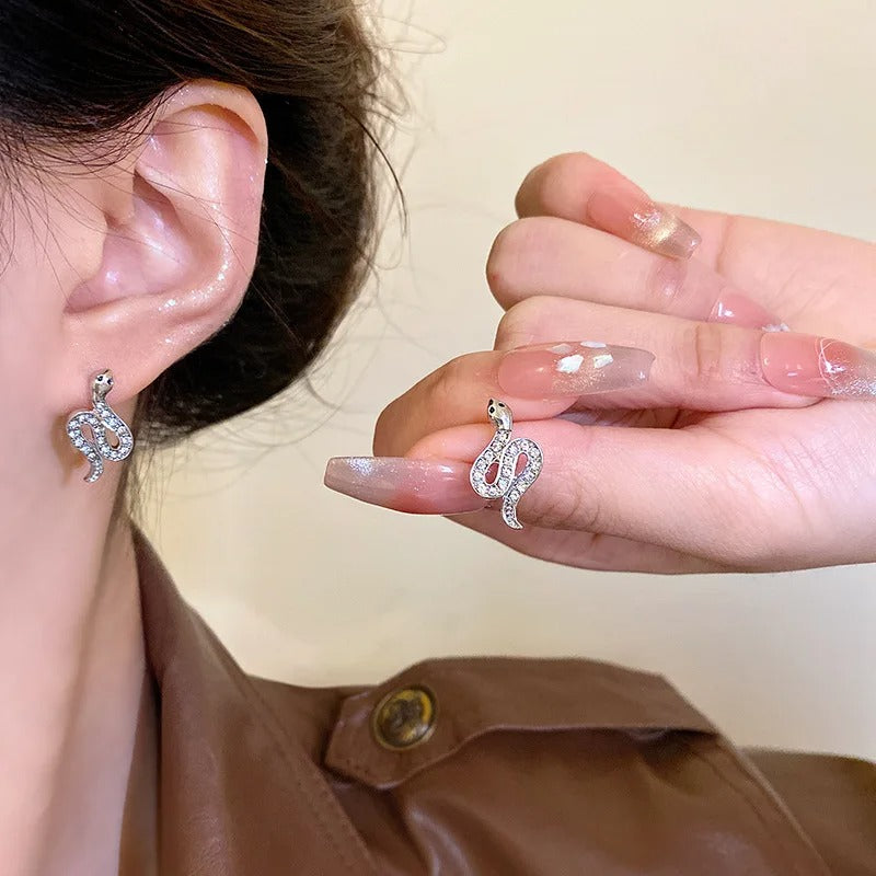 Inlaid Crystal Snake Drop Earrings for Women Silver Dangle Jewelry