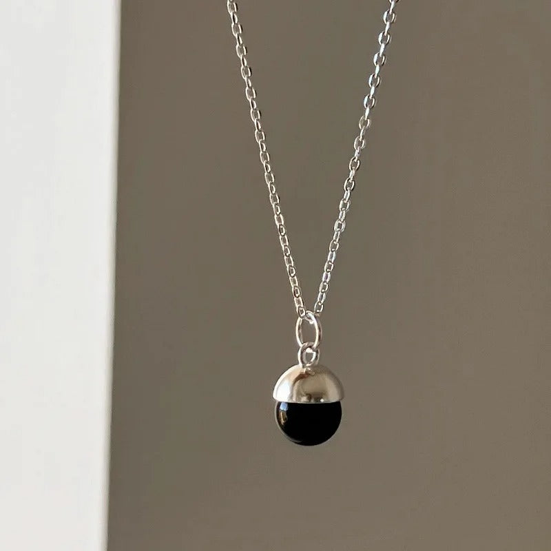925 Sterling Silver Necklace Black Ball Simple Pendant Punk Geometric for Women Girl Jewelry Gift