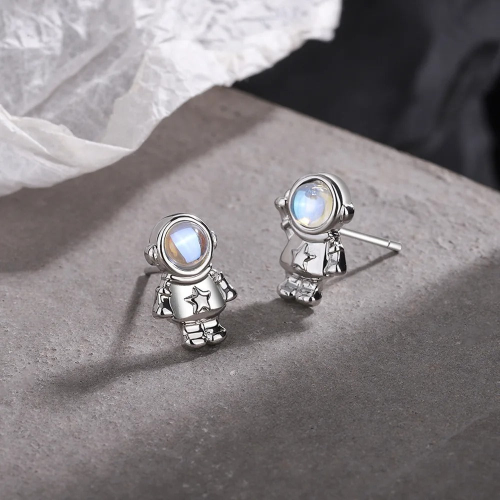 New 925 Sterling Silver Small Astronaut Crystal Stud Earrings