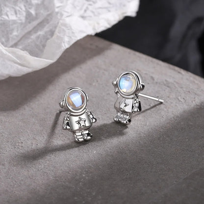 New 925 Sterling Silver Small Astronaut Crystal Stud Earrings