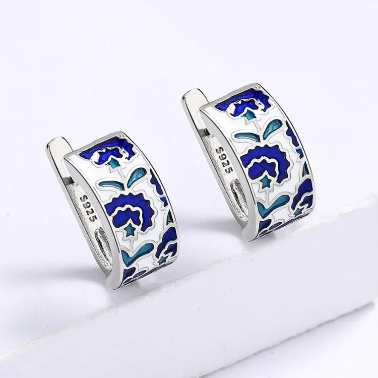 Classic Handmade Blue Enamel Earrings Women Flower Shape Jewelry