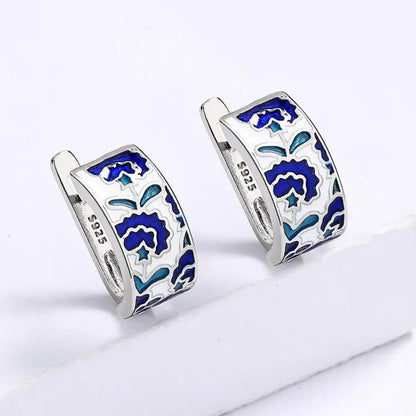 Classic Handmade Blue Enamel Earrings Women Flower Shape Jewelry