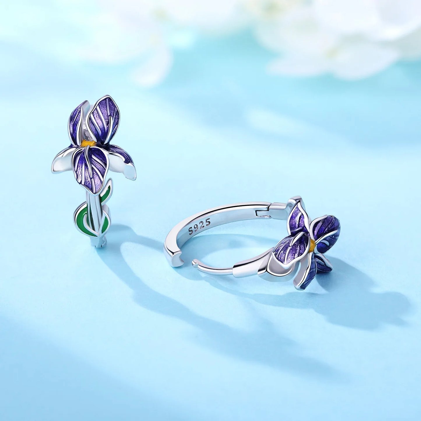 925 Sterling Silver Purple Flower Hoop Earrings for Women
