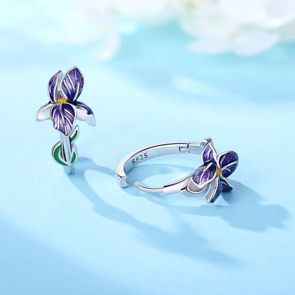 925 Sterling Silver Purple Flower Hoop Earrings for Women