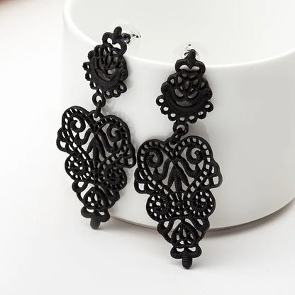 Hollow Carved Flower Drop Earrings for Women Black Gold Statement Jewelry