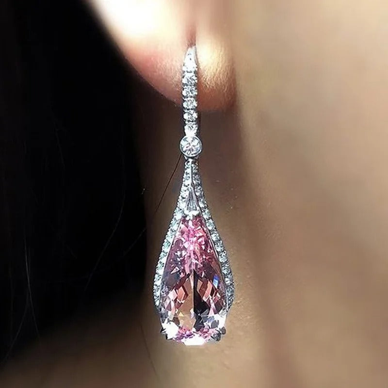 Luxury Silver Pink Zircon Dangle Earrings for Women