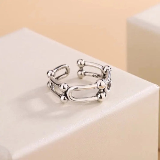 Korean Vintage Horseshoe Ring 925 Sterling Silver Adjustable U-Shaped Jewelry for Women