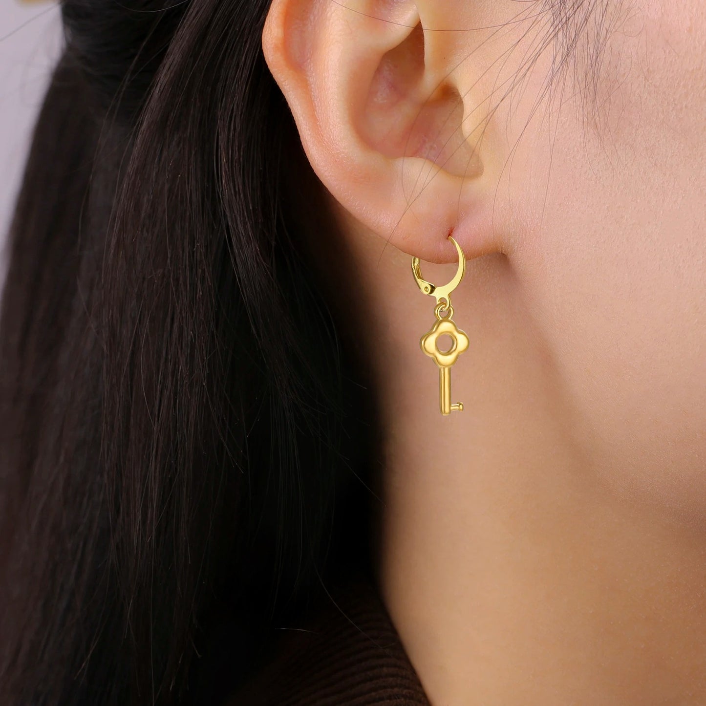 Delicate Flower Key Hoop Earrings Women Girls Sweet Style Gift