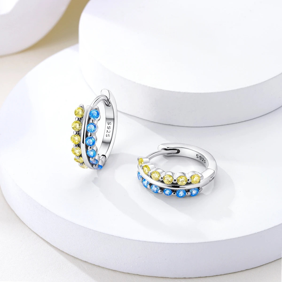 Women’s S925 Silver Hoop Earrings Sparkling Blue Yellow Zircon