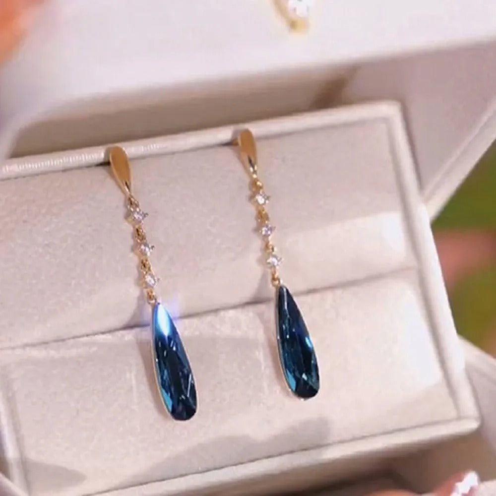 Blue Crystal Water Drop Dangle Earrings for Women Party Wedding Jewelry