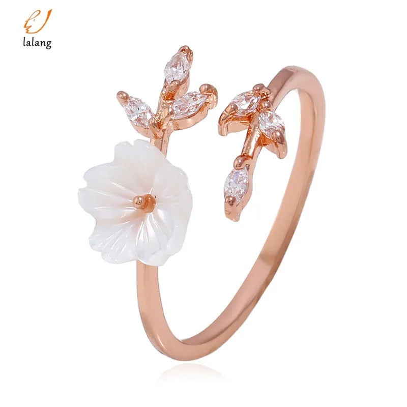 Women’s Adjustable Zircon Leaf Shell Flower Ring Rose Gold Jewelry