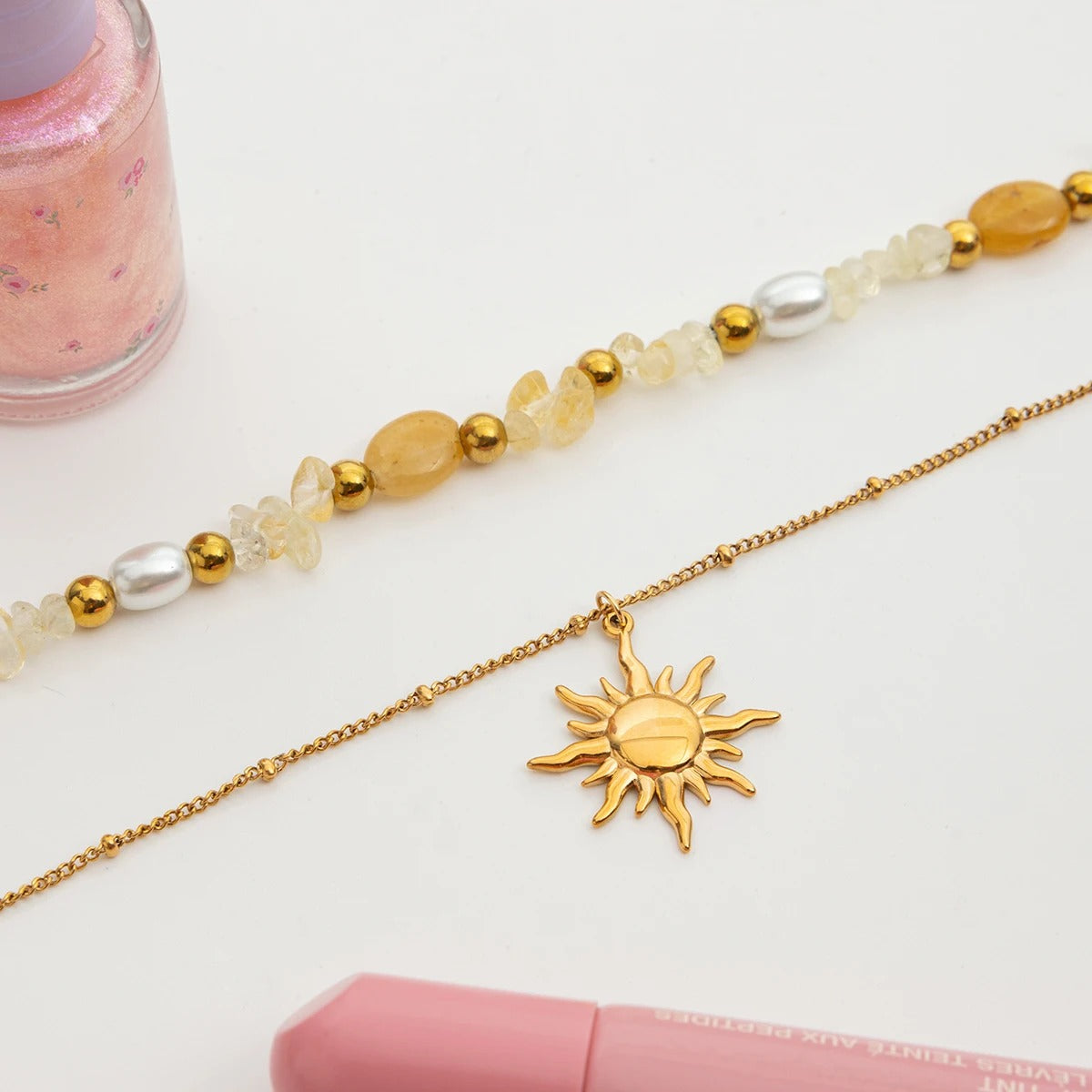 Women's Vacation Natural Stone Glass Pearl Beaded Necklace 18K Gold Plated Stainless Steel Sun Pendant Double Necklace