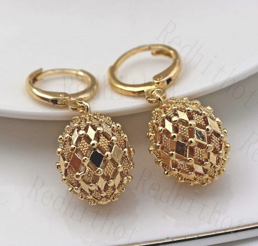 Classic Gold Drop Earrings Engraved Metal Hollow Sphere Design