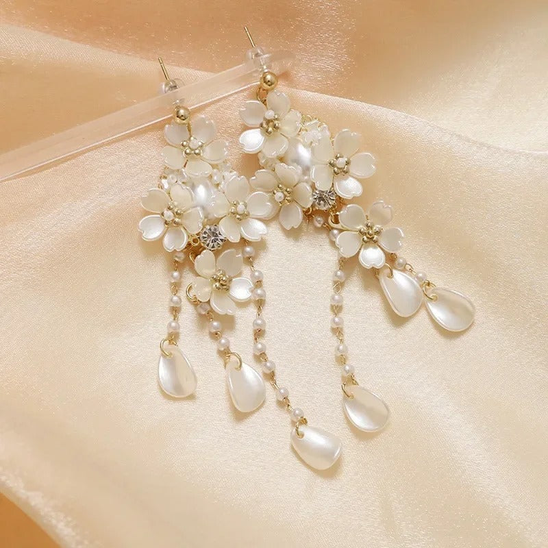 Pearl Tassel Flower Drop Earrings Women’s Romantic French Jewelry