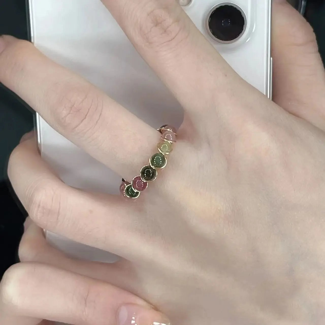 Natural Stone Rainbow Tourmaline Ring Fashion Retro Handmade Metal Wire Winding Beaded Open Adjustable Ring Female Charm Jewelry