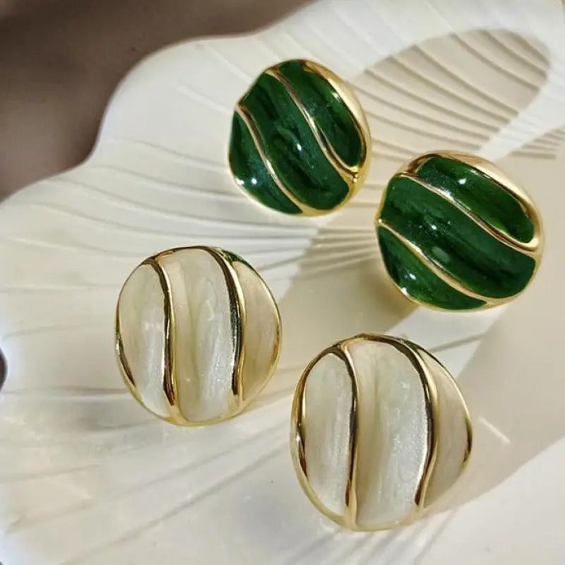 Vintage French Green White Earrings for Women Trendy Stud Jewelry