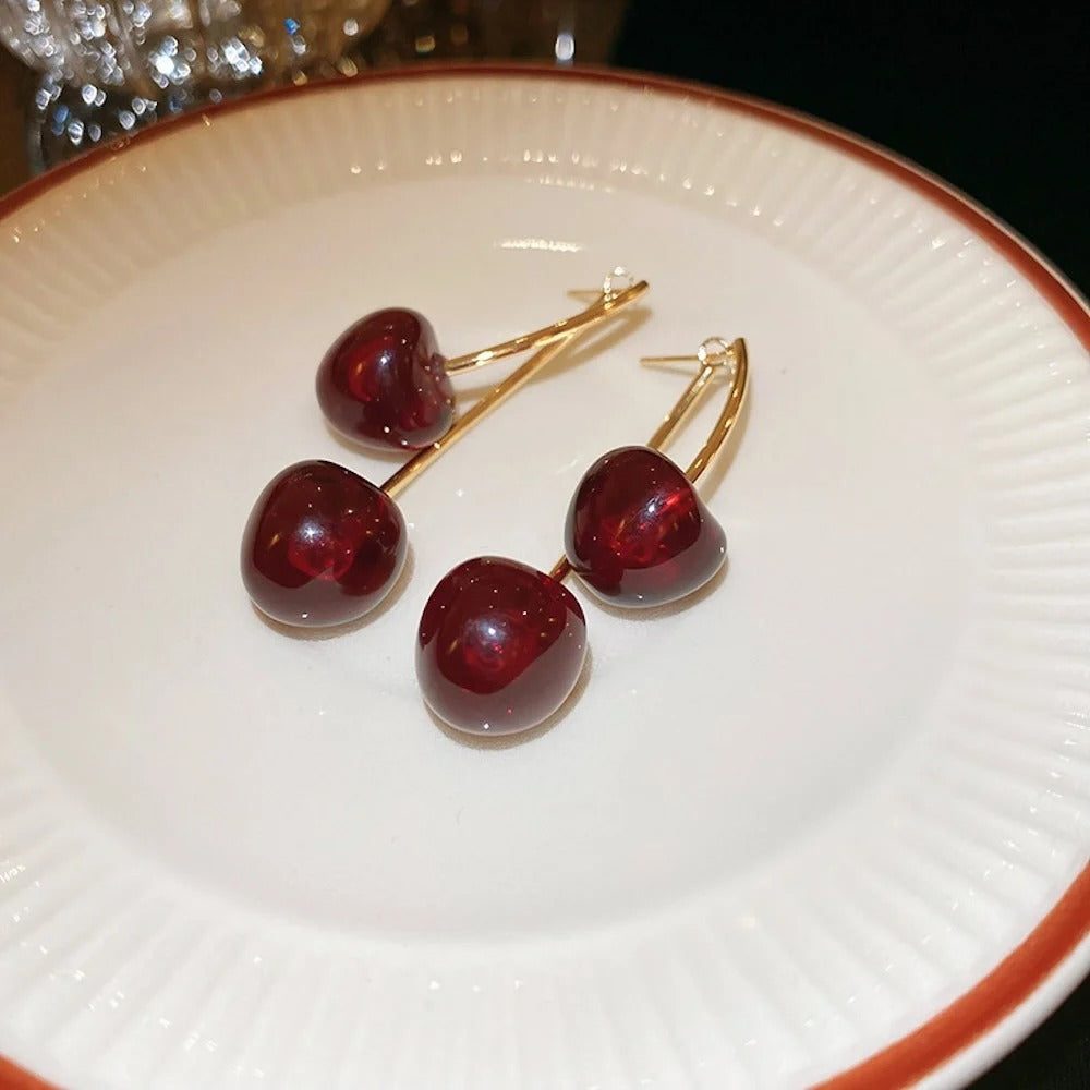 Retro Dark Red Cherry Drop Earrings Simple Fruit Earring For Women Fashion Party Jewelry Trend Accessories Gift