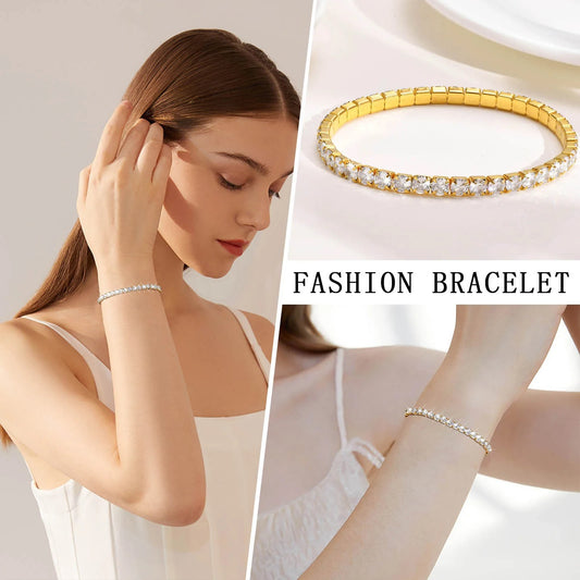 Cubic Zirconia Tennis Bracelet for Women, Elastic Stainless Steel Rose Gold Color Hand Chain, Minimalist Link Jewelry