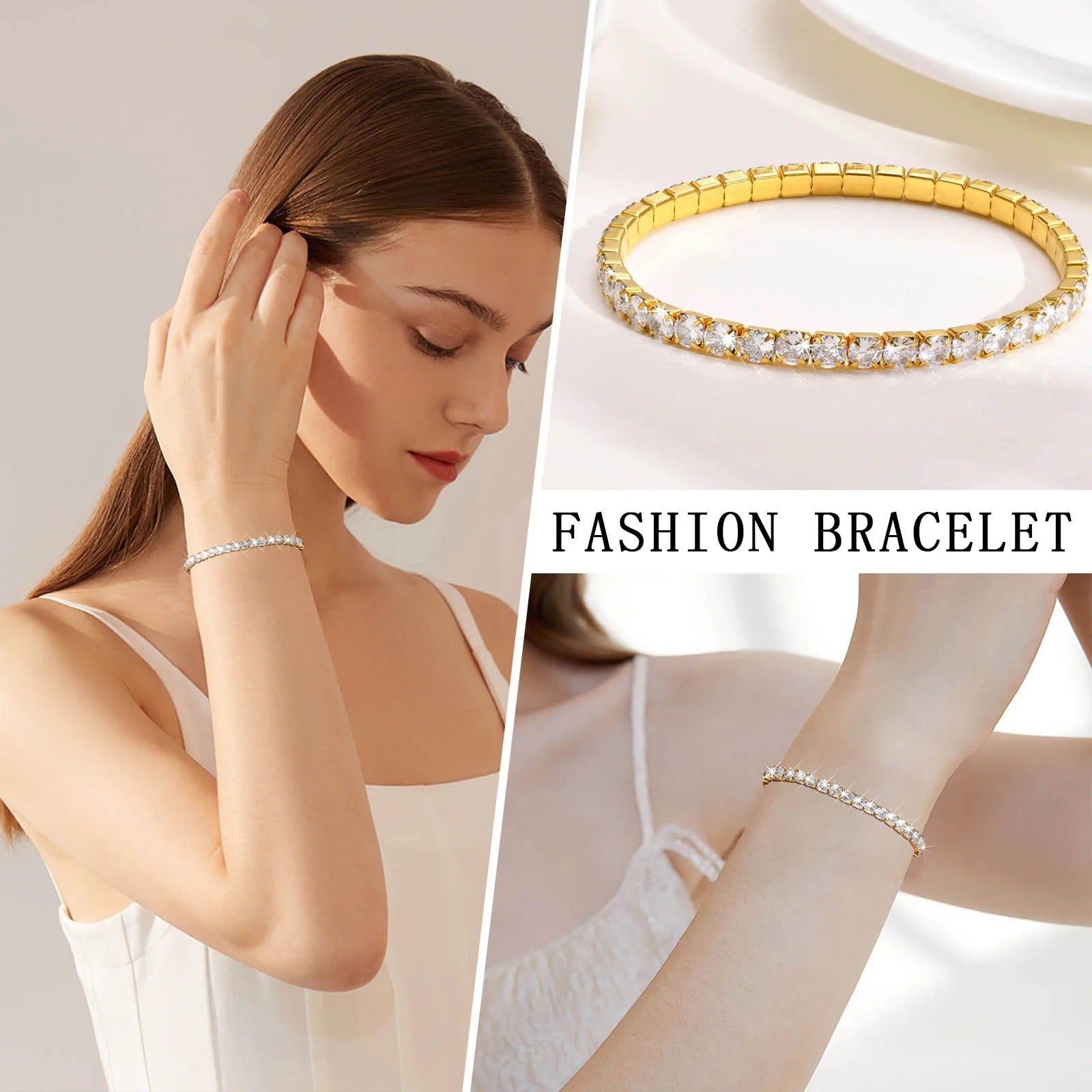 Cubic Zirconia Tennis Bracelet for Women, Elastic Stainless Steel Rose Gold Color Hand Chain, Minimalist Link Jewelry