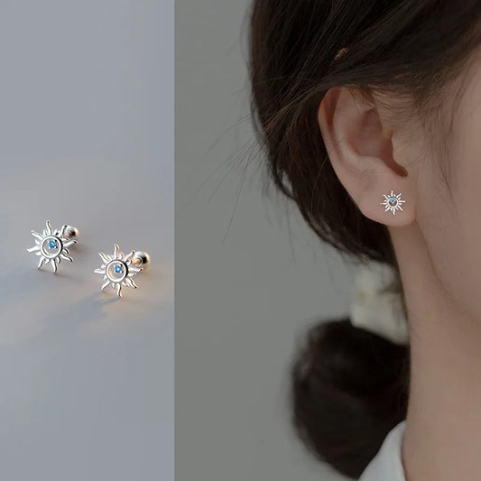 925 Sterling Silver Blue Zircon Sun Stud Earrings Women